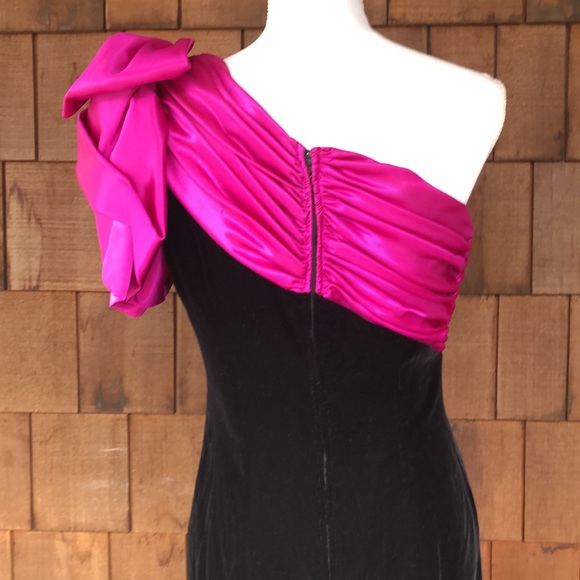 Vintage 1980s Ann Hobbs for cattiva black velvet and pink bow dress, size 10 - Picture 5 of 7